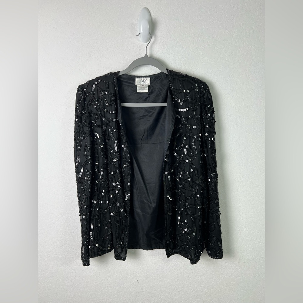 JMC Black Silk & Sequin Jacket Evening Party Formal Wedding Jacket
